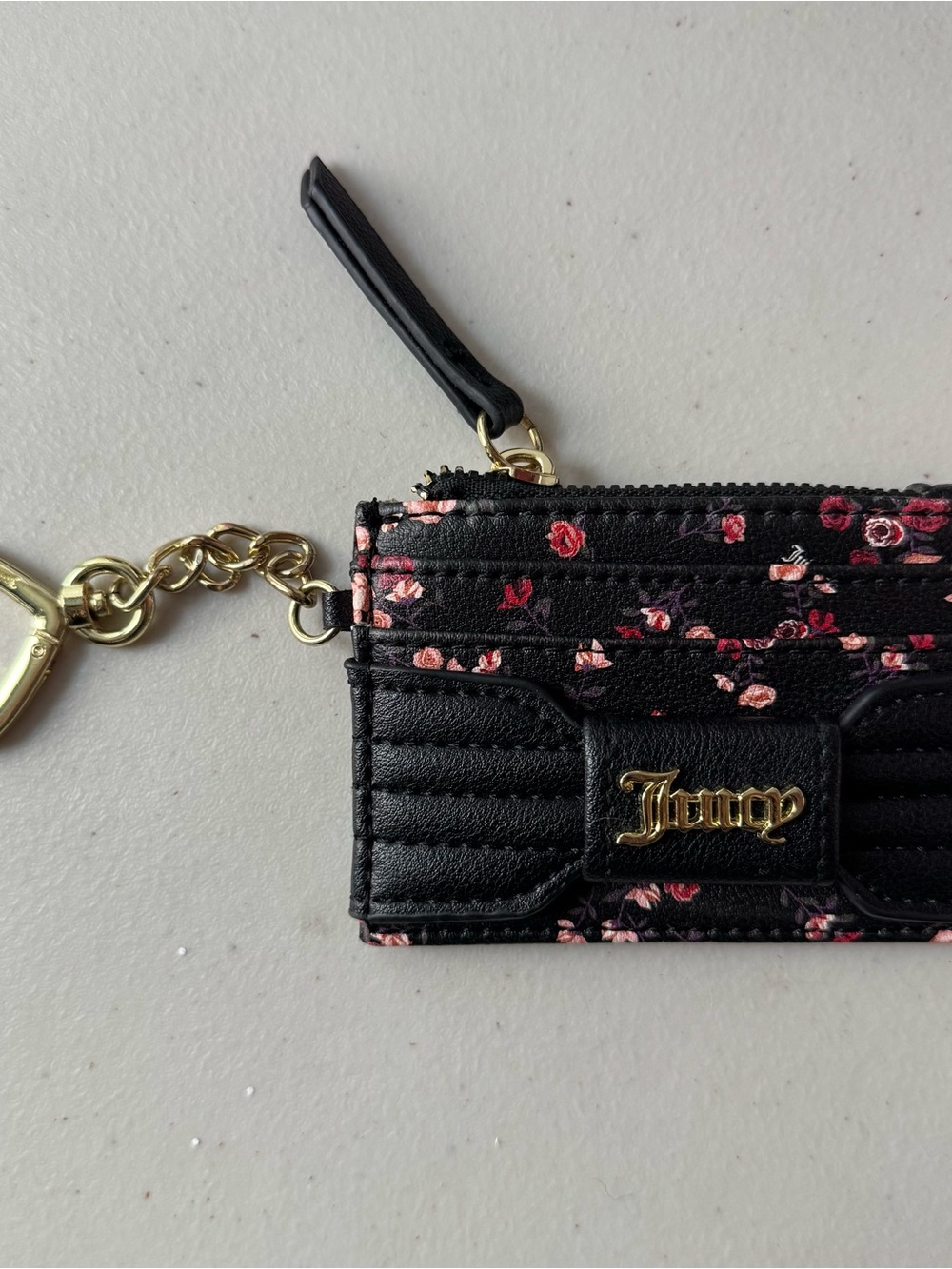 Juicy Couture Black Floral Card Case with Gold Keychain